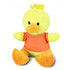 A yellow duck plush toy with an orange shirt and a tuft of feathers on its head. It has black eyes and an orange beak.