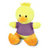 A yellow duck plush toy with an orange beak and feet, wearing a purple shirt. It has a fluffy tuft on its head.