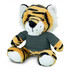 A plush tiger toy with orange and black stripes, wearing a grey shirt, featuring soft fur and a friendly expression.