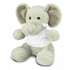 A soft, grey elephant plush toy with large ears, wearing a blank white t-shirt. It has a friendly expression.