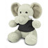 A grey elephant plush toy with large ears, wearing a black shirt, sitting upright. Featuring a logo on the shirt.