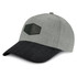 A grey cap with a black peak and a patch on the front. It features a curved brim and is a fitted design.
