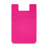 A pink dual silicone phone wallet with a smooth design and curved detailing, featuring a logo on the back.