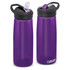 A drink bottle in purple with a black lid and straw, featuring a logo. Ideal for hydration on the go.