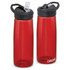 A drink bottle in red with a black lid and spout, featuring a logo on one side. Two bottles are shown.