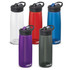 A drink bottle collection featuring five CamelBak Eddy+ bottles in clear, red, blue, purple, and grey colours, each with a lid.
