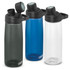 A drink bottle in three colours: dark green, blue, and clear, with a black lid and a logo.