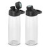 A drink bottle with a clear body and black lid, featuring a flip-top and straw opening, and a logo on the lid.