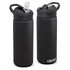 A drink bottle in black with a sip lid and an attached handle, featuring a logo on the base.
