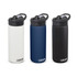 A drink bottle set featuring three colours: white, navy blue, and black, with a logo on each.
