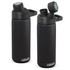 A drink bottle in matte black with a screw top and a flip lid, featuring a logo on the side.