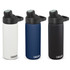 A drink bottle set featuring three 600ml CamelBak Chute Mag Vacuum Bottles in white, navy, and black with a logo.