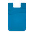 A blue silicone phone wallet with two card slots and a wavy design. It features a logo on the surface.