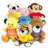 Assorted plush toys in various colours, including a cow, pig, monkey, duck, tiger, and lion, each wearing shirts.