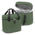 A green insulated cooler bag with a zippered top and black straps, featuring a front pocket and a silver interior.