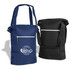 A drink bottle cooler bag in navy blue and black, featuring a front zip pocket and a logo.