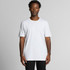A plain white t-shirt with short sleeves, featuring a logo on the front, modelled by a person standing against a neutral background.