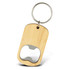 A drink bottle opener key ring with a wooden finish and a metal bottle opener integrated into the design.