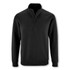 A black unisex sweatshirt with a quarter zip and long sleeves. It features a logo on the chest.