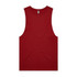 A red singlet tank top with a round neckline and no sleeves, featuring a logo on the label.