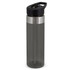 A drink bottle with a grey body, stainless steel band, and a black lid featuring a handle. It has a logo.
