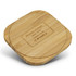 A square bamboo wireless charger featuring a natural finish and a branded logo on the underside.