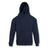 A navy hooded sweatshirt featuring a front pocket and a logo.