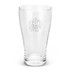 A clear glass schooner beer glass with an etched design and a branded logo at the top.
