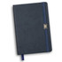 A navy blue notebook with a textured cover, an elastic band closure, and a bookmark ribbon. It has a branding logo.