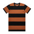 A striped tee featuring alternating broad bands of burnt orange and black. The shirt has a round neckline and short sleeves.
