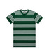 A green striped t-shirt featuring white quad stripes and a logo on the label. Short sleeves and a crew neckline.