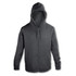A black unisex hoodie with a zipped front and a hood, featuring a logo on the chest.