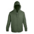 A unisex hoodie in dark green with a zip front, featuring a hood and two front pockets.