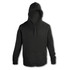 A black unisex hoodie with a zip front and a hood. It features long sleeves and a simple design.