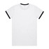 A white T-shirt featuring black contrast trim at the collar and sleeves, with a branding logo on the back.