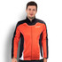 A custom men's sports jacket in vibrant orange and black, featuring a zip-up front and a logo.