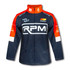 A premium softshell jacket featuring a navy blue base with red accents and a logo on the front.
