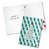 An A5 gift card with a geometric design featuring teal, white, and red, displaying a festive holiday message inside.