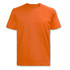 An orange T-shirt with short sleeves and a round neckline, featuring a logo on the side.