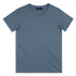 A plain blue men's t-shirt featuring a round neckline and short sleeves, with a logo on the label.