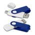 A dual flash drive in blue and white, featuring a swivel design and a cap. It includes a branding logo.