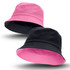 A reversible bucket hat in black and pink, featuring a logo, showcasing both colour options.
