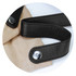 A beige apron with dark leather straps and metal fasteners, featuring stylish detailing and a logo.