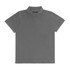 Grey women's polo shirt with a collared neck and three-button placket. Features a branding logo.
