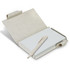 A natural-coloured notebook with a speckled design, featuring a matching pen attached.