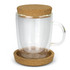 A clear glass coffee cup with a cork lid and matching cork coaster underneath.