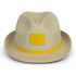 A beige fedora hat with a yellow band and a blank patch for branding.