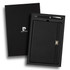 A black notebook and silver pen set housed in a black gift box, featuring a brand logo.