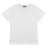 A white women's T-shirt with a v-neck design and short sleeves. It features a branding logo.