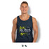 A navy men's tank top featuring a graphic design with the text "EAT SLEEP GYM." The top has a logo.